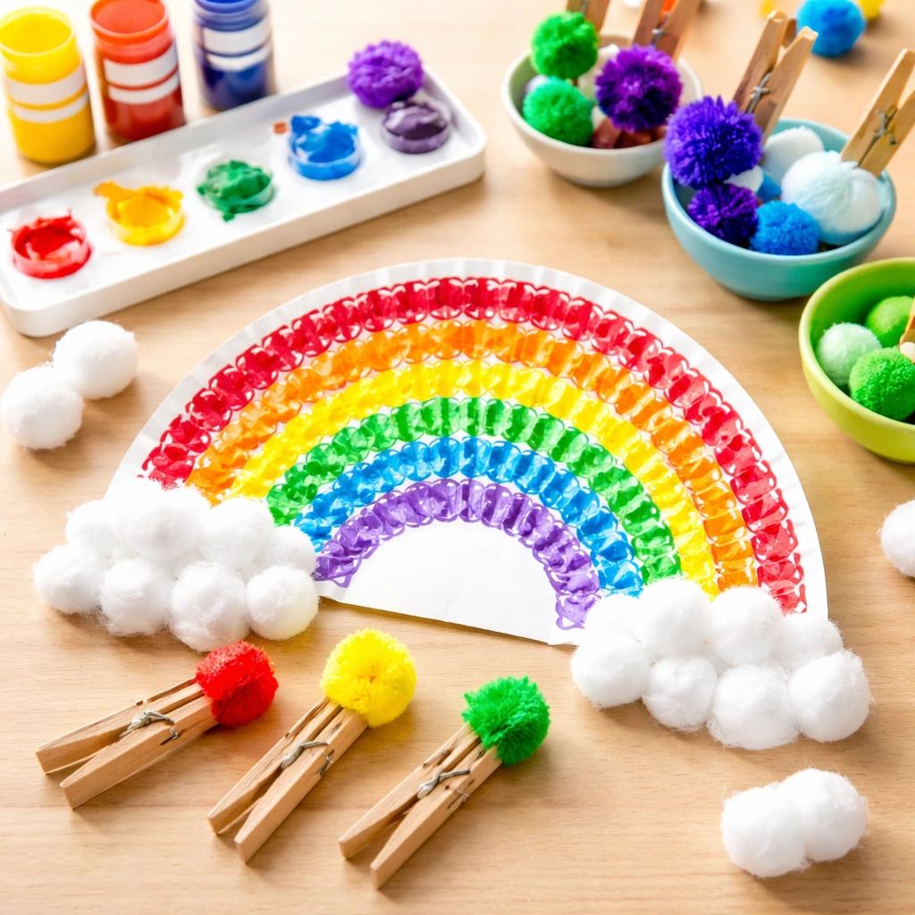 st patrick's day crafts for preschoolers: Pom‑Pom Painted Rainbow Paper Plates