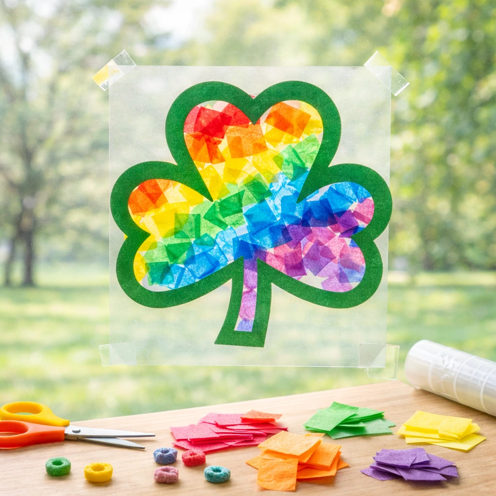 st patrick's day crafts for preschoolers: Rainbow Shamrock Sun Catchers