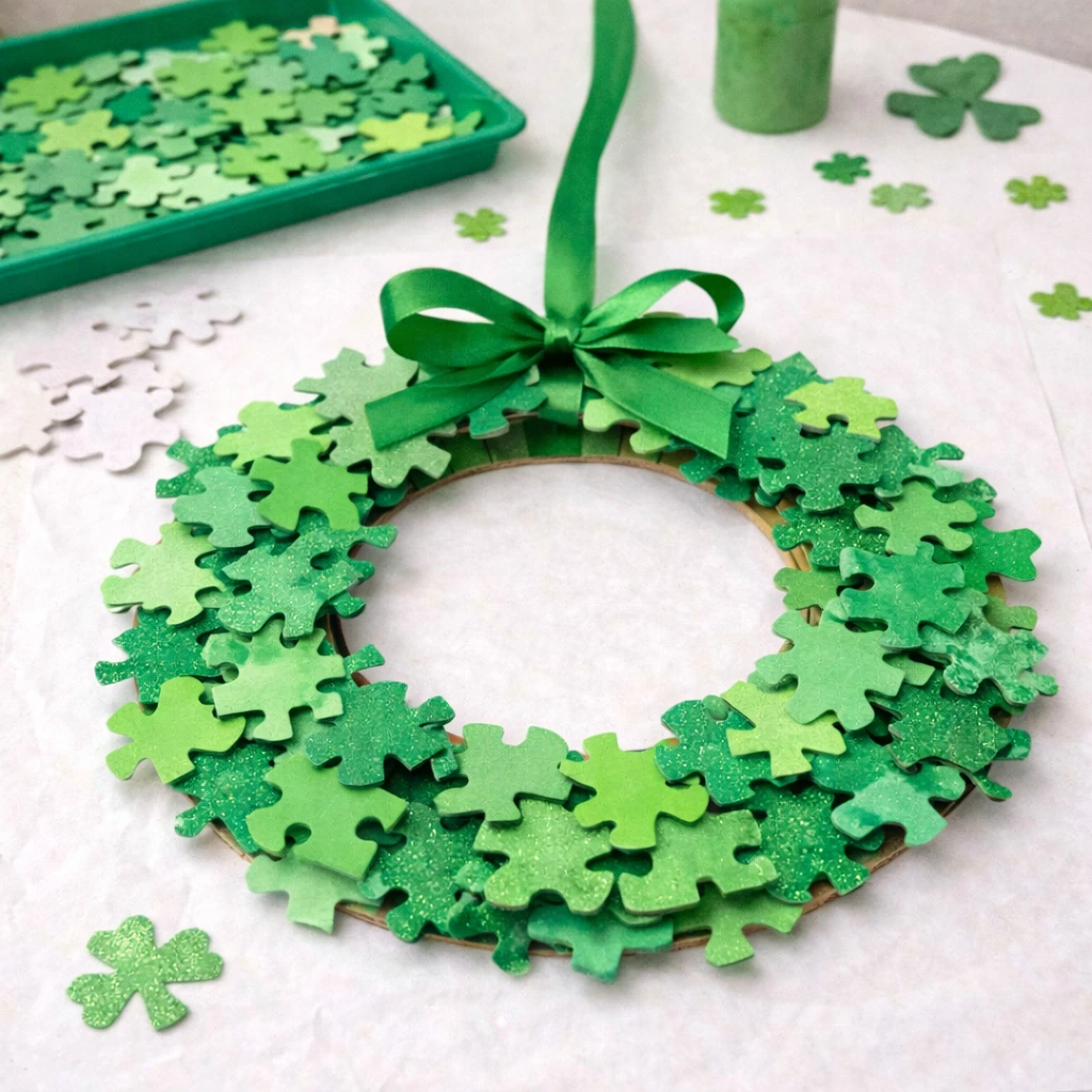 Puzzle Piece Shamrock Wreath