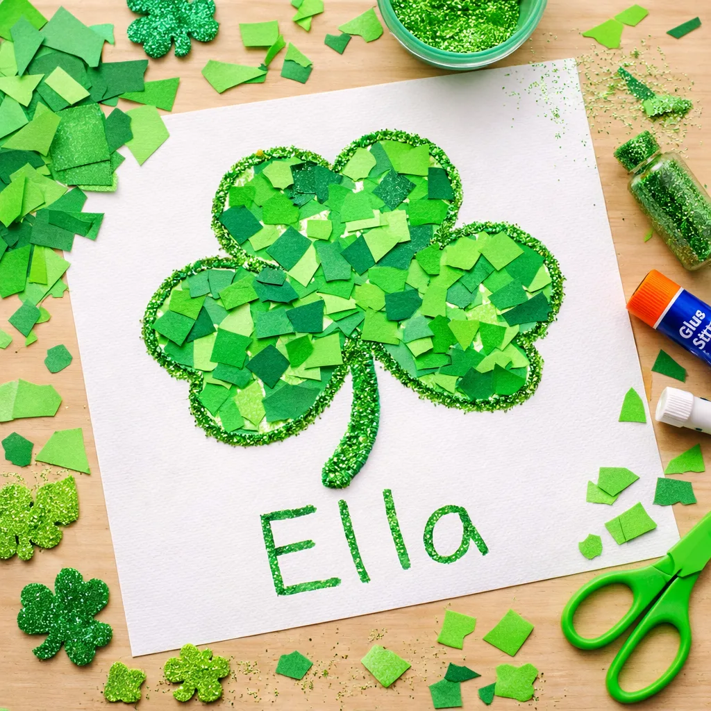 St Patricks Day crafts for kindergarten: Torn Paper Shamrock Collage