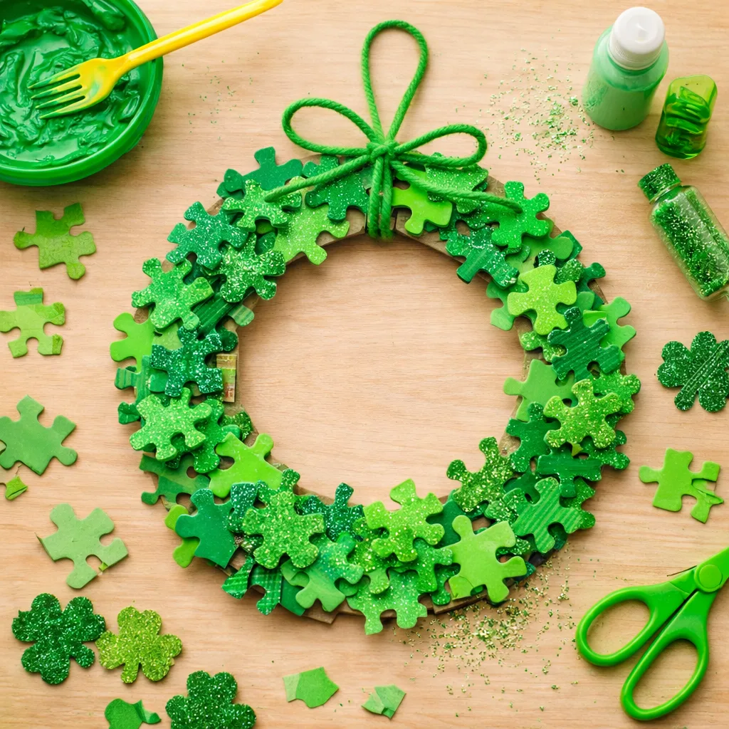 St Patricks Day crafts for kindergarten: Puzzle Piece Shamrock Wreath