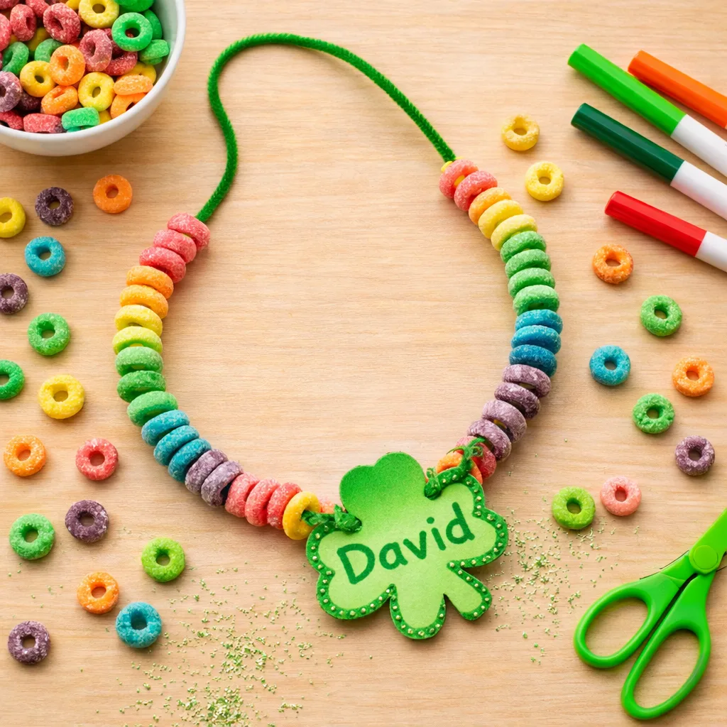 St Patricks Day crafts for kindergarten: Froot Loop Rainbow Necklace