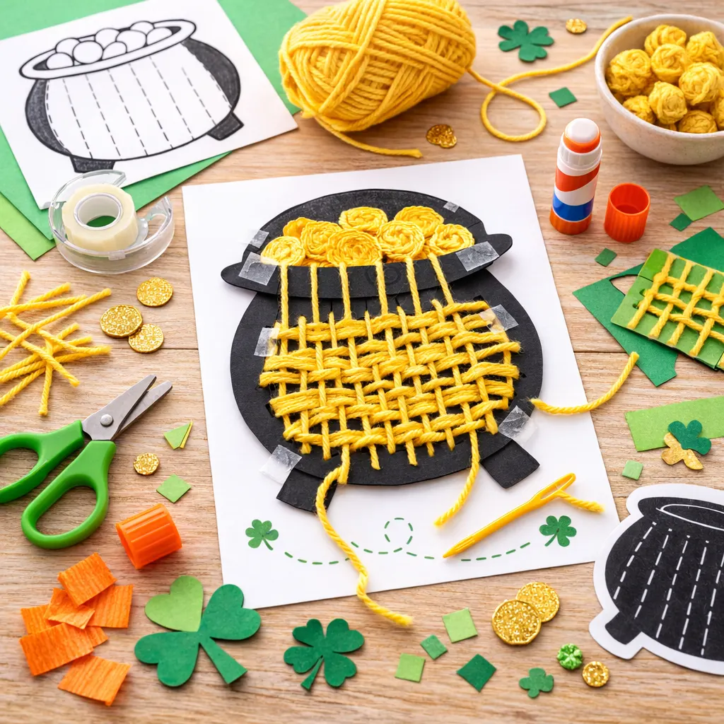 St Patricks Day crafts for kindergarten: Yarn Pot of Gold Weaving