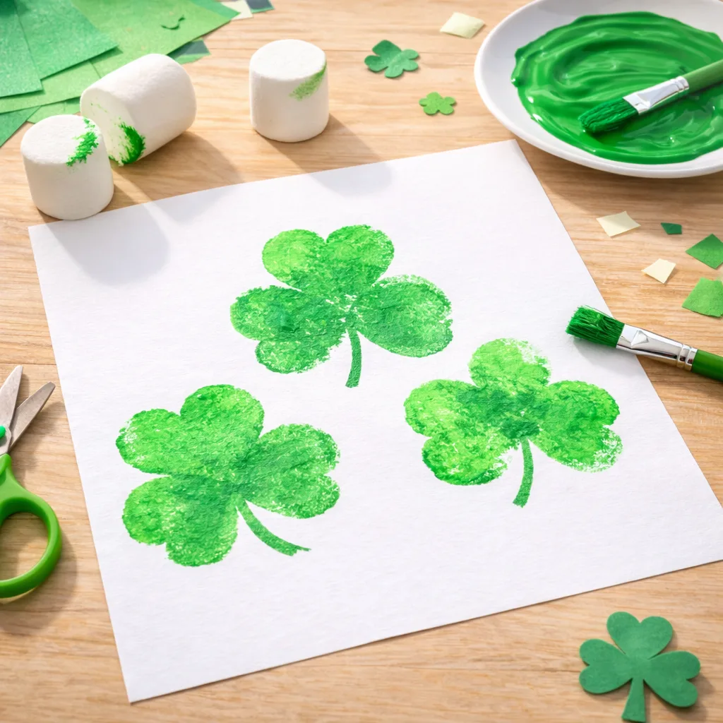 St Patricks Day crafts for kindergarten: Marshmallow Stamp Shamrocks