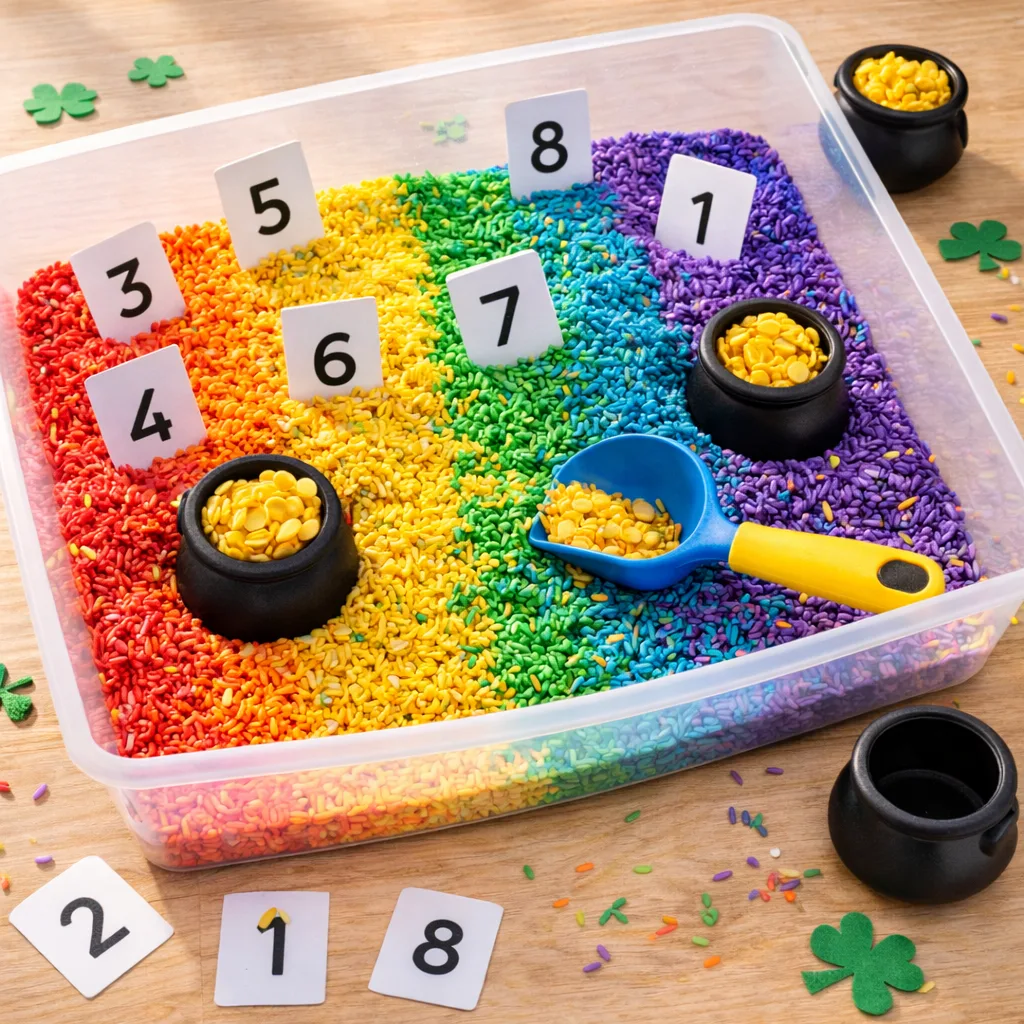 st patricks day crafts for Kindergarten: Rainbow Rice Counting Bin