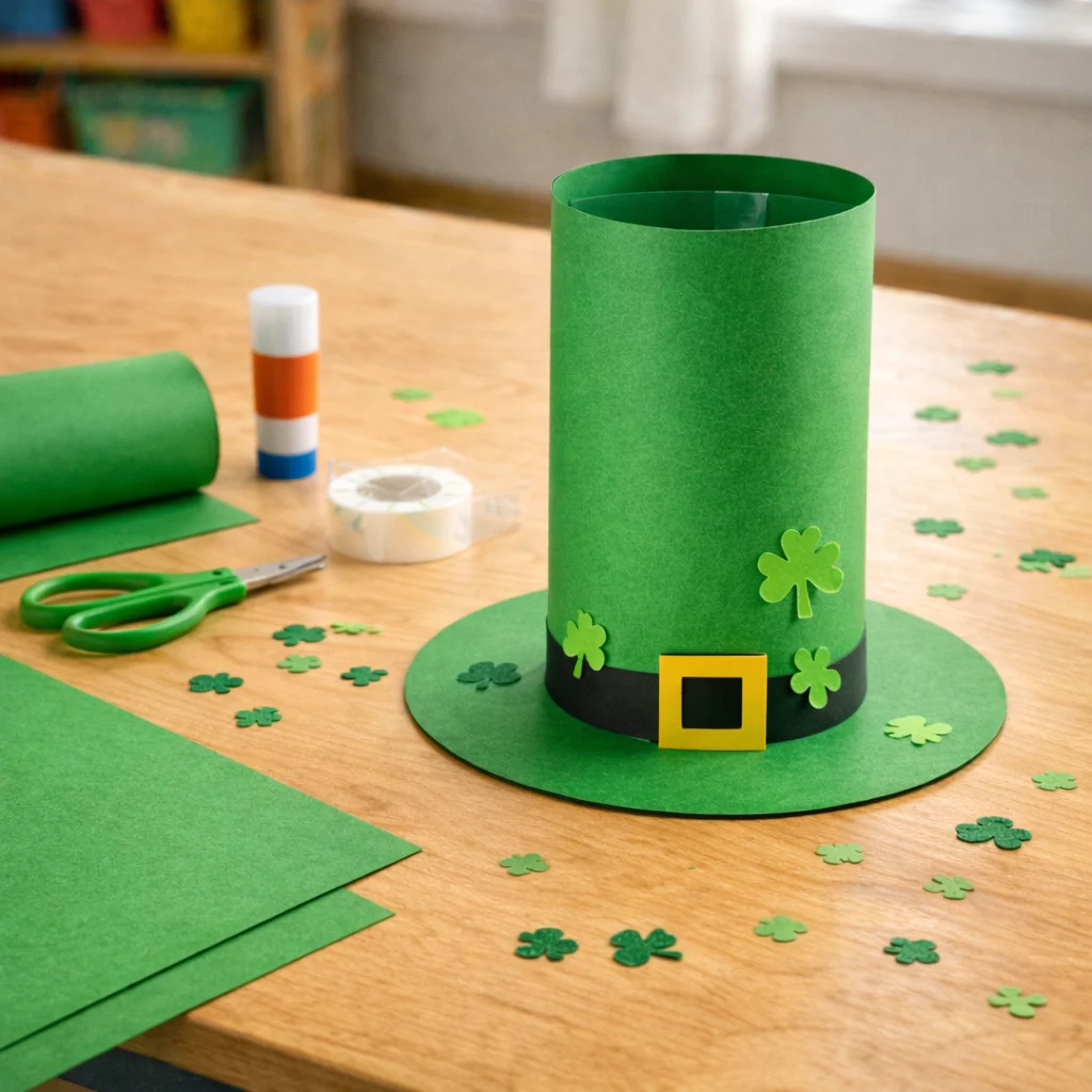St Patricks Day Hat Craft: Cardstock Shamrock Top Hat