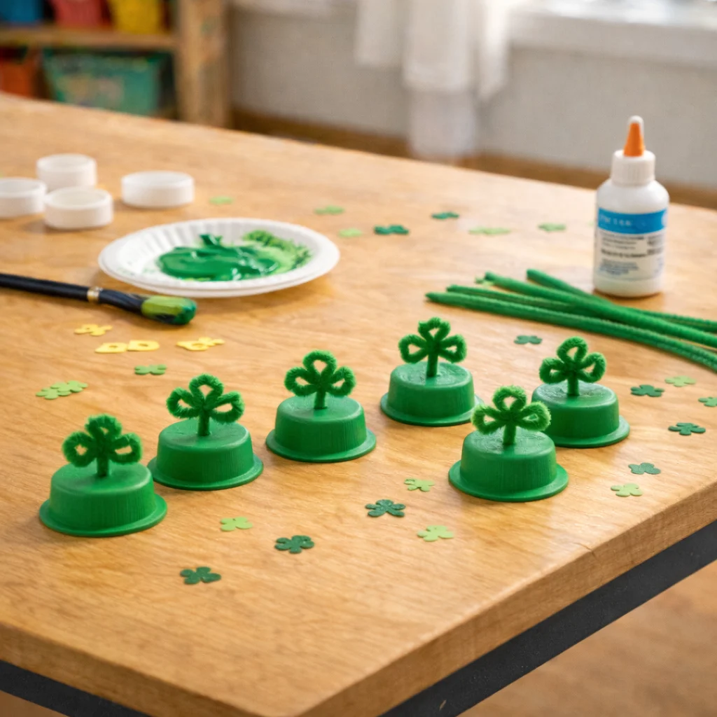 St Patricks Day Hat Craft: Milk Jug Lid Hats