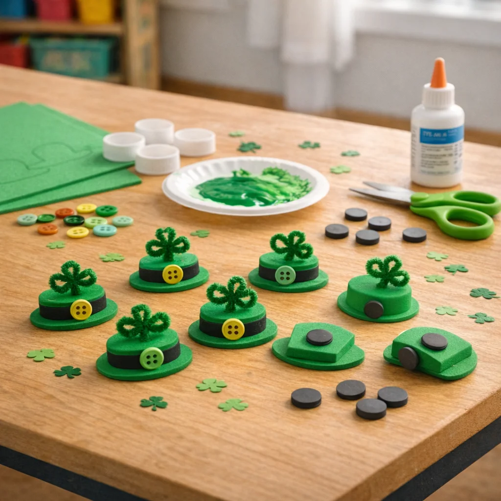 St Patricks Day Hat Craft: Button & Foam Hat Magnets