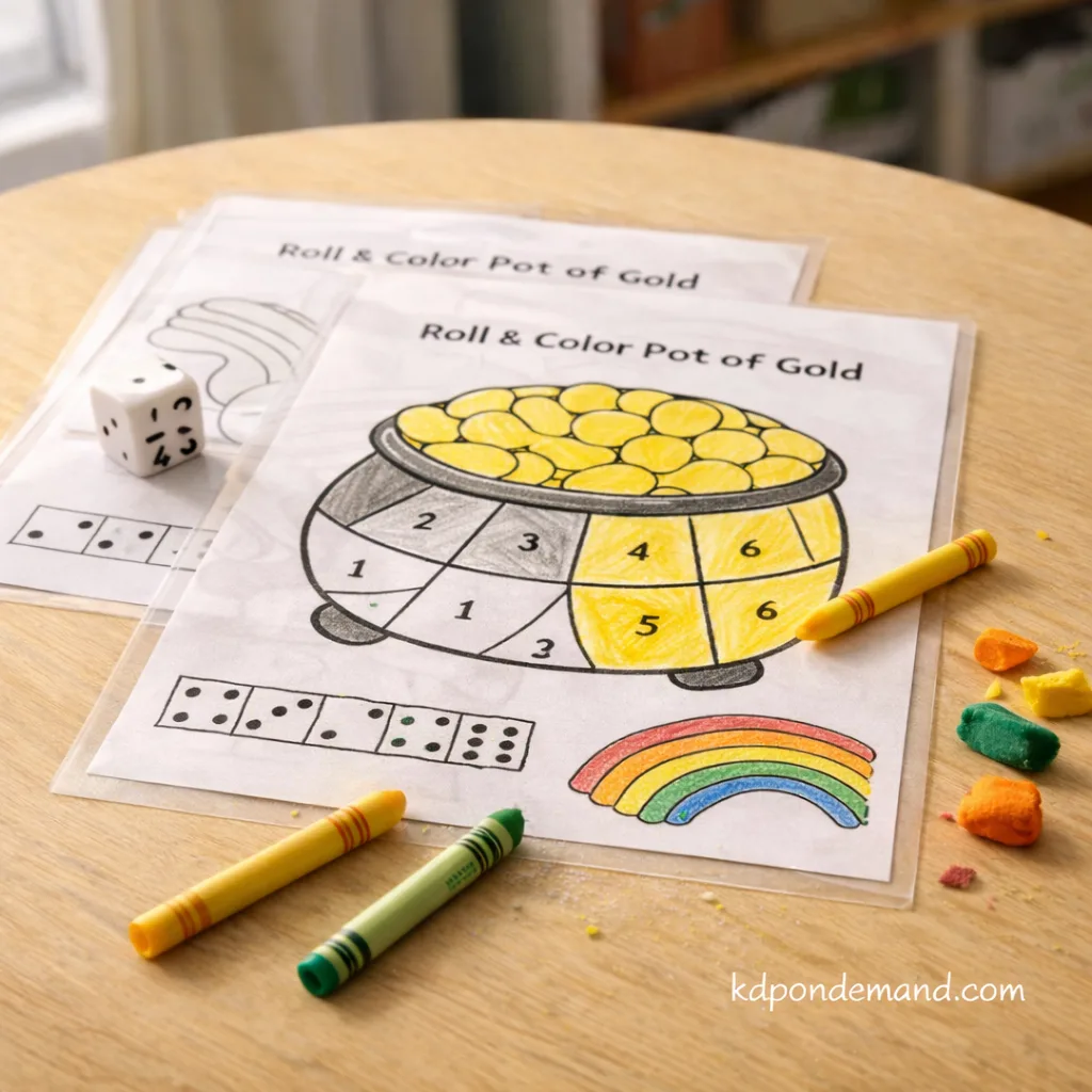 Printable St Patricks Day Crafts for Kids: Roll & Color Pot of Gold