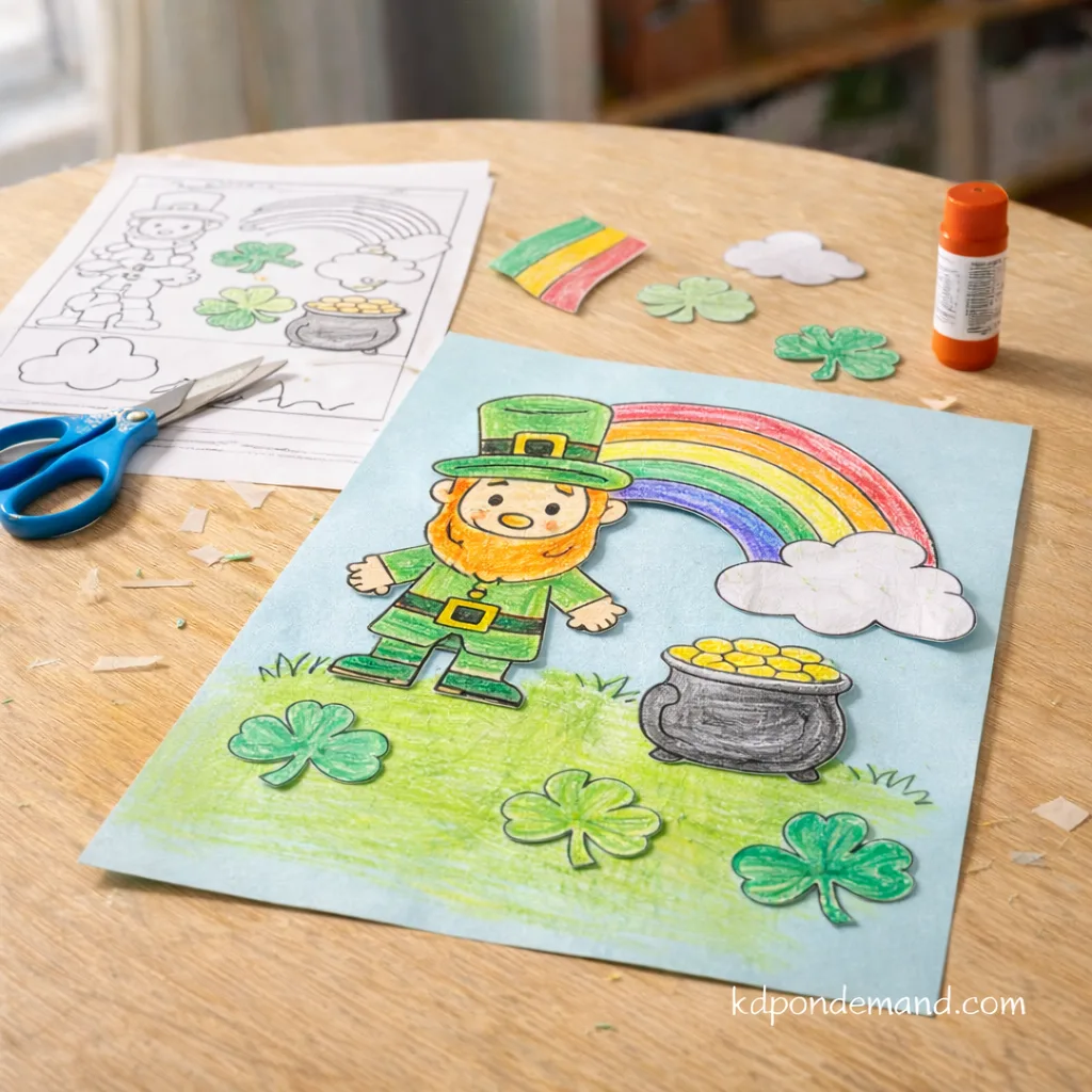 Printable St Patricks Day Crafts for Kids: Cut-and-Paste Leprechaun Scene