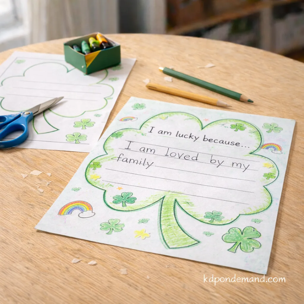 Printable St Patricks Day Crafts for Kids: St. Patrick’s Day “I Am Lucky Because” Writing Prompt