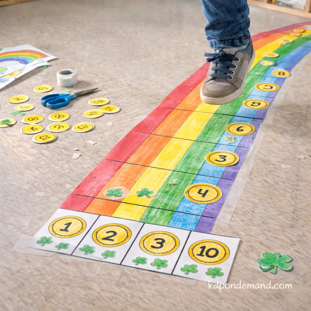 Printable St Patricks Day Crafts for Kids: Rainbow Number Line Hop Game
