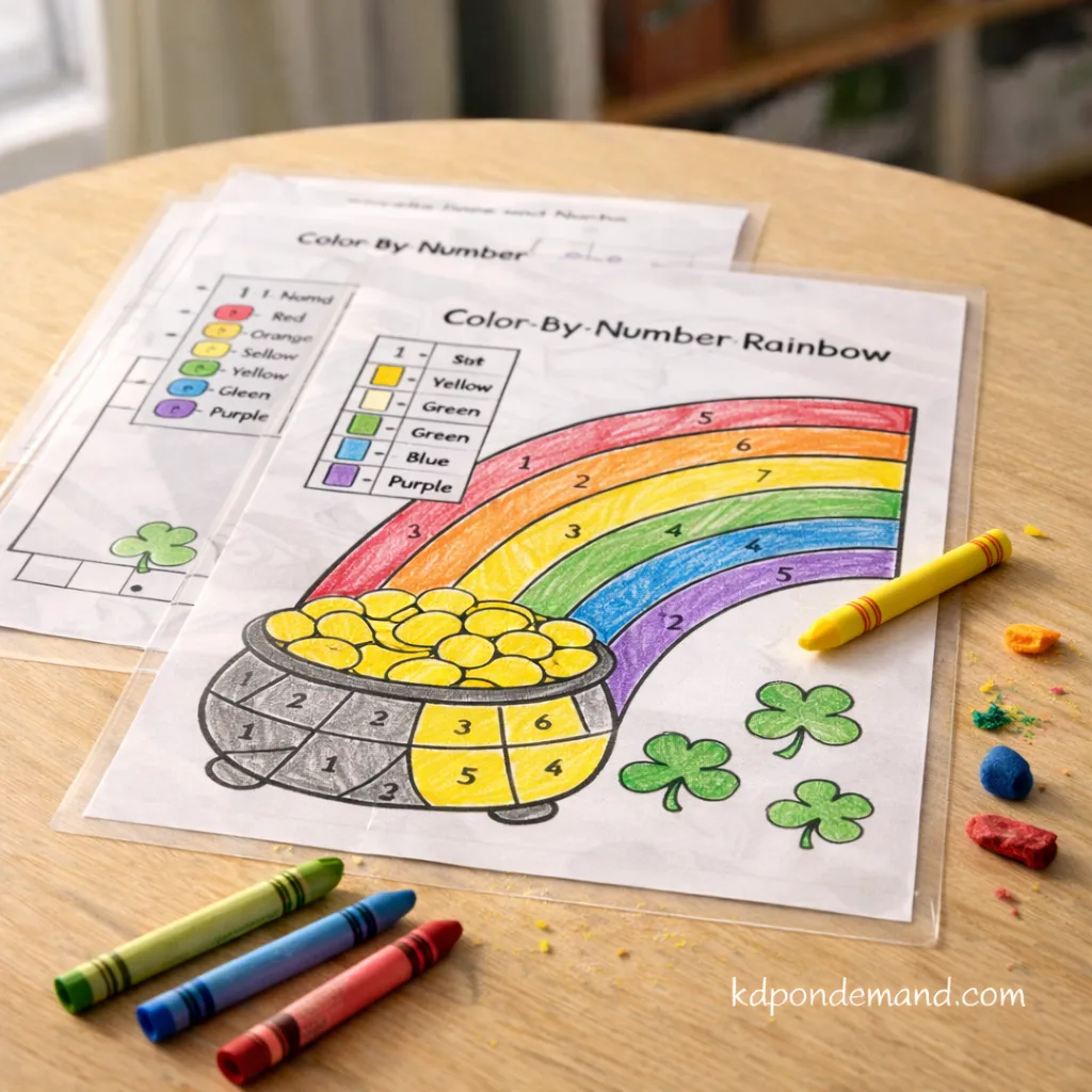 Printable St Patricks Day Crafts for Kids: Color-by-Number Rainbow & Gold Coins